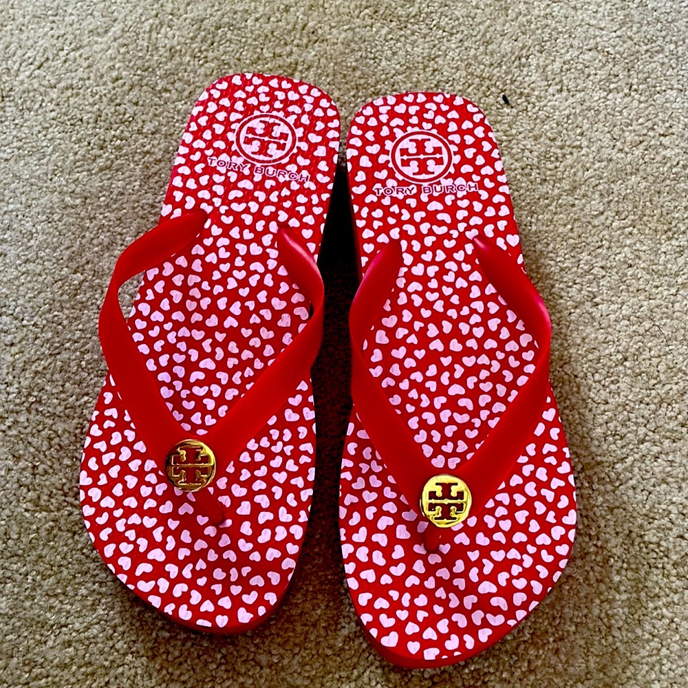Tory Burch red heart platform thong strap flip flops sandals shoes women's 8
